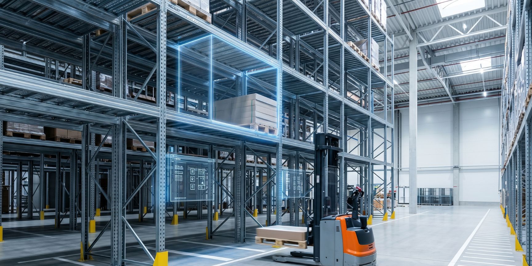Modern high-bay warehouse focus on a specific storage location (marked storage location). An AGV forklift approaches, controlled by WMS technology in a logistics hall